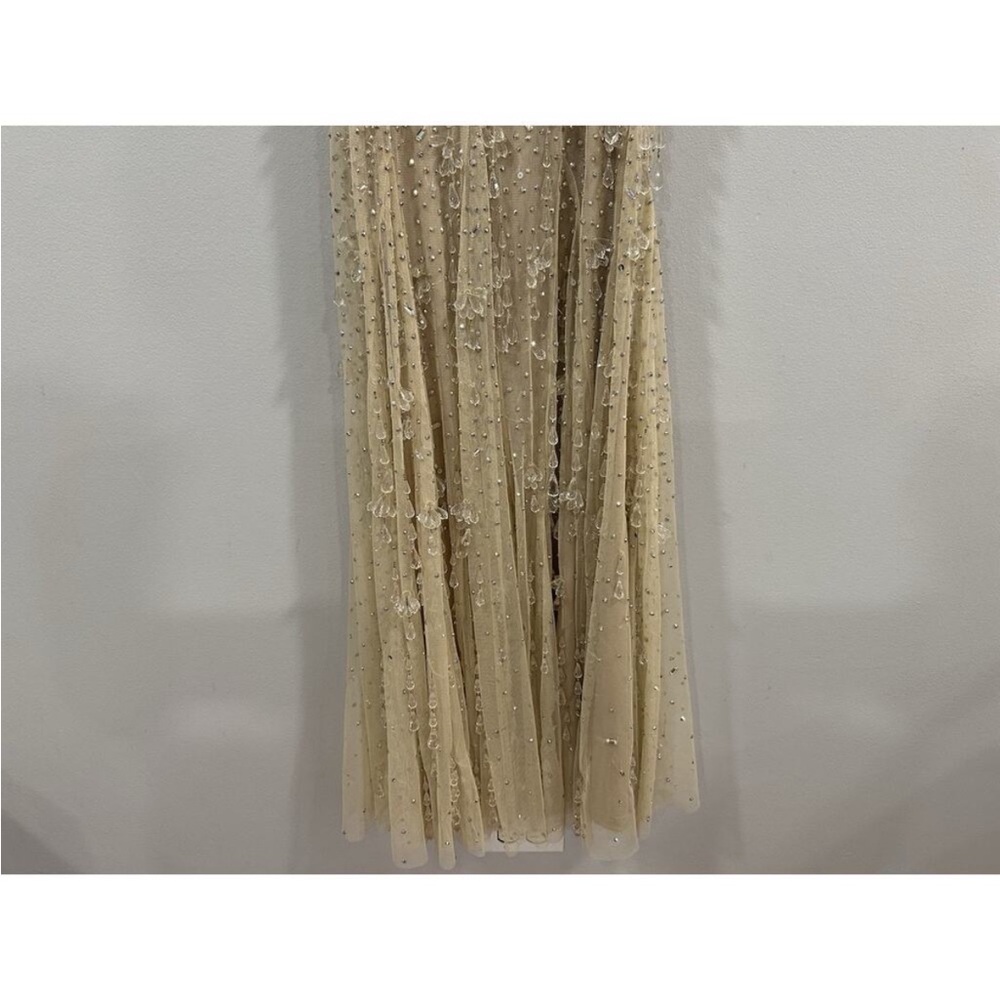 Mac Duggal 10101 Nude Silver V-Neck Column Gown with Fringe Embellishments Sz 0 - Picture 12 of 12